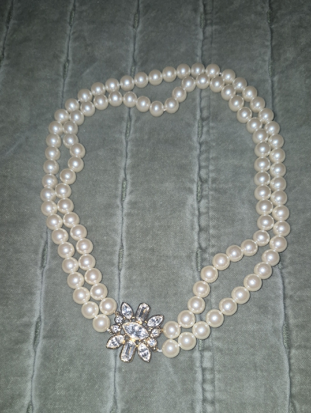 Classic Double-Strand Pearl Necklace with Crystal Flower Clasp